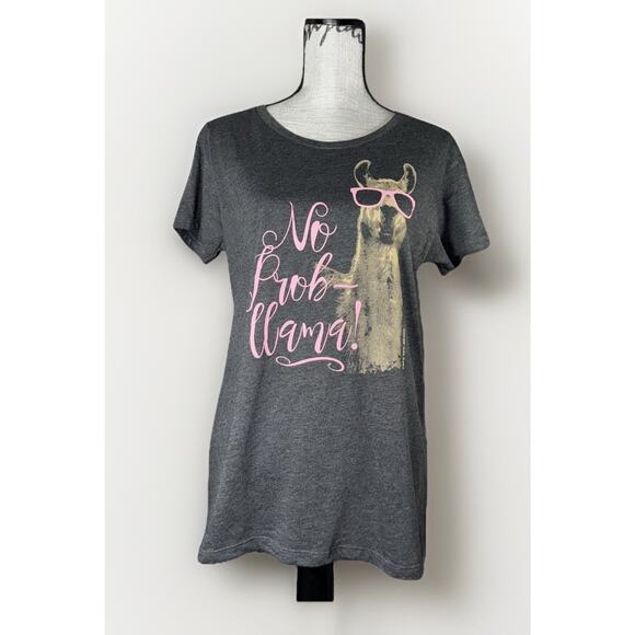 No Prob-Llama Women XL Tee Soft Novelty Heather Gray Pink Shirt Shiny Graphic - Picture 1 of 5